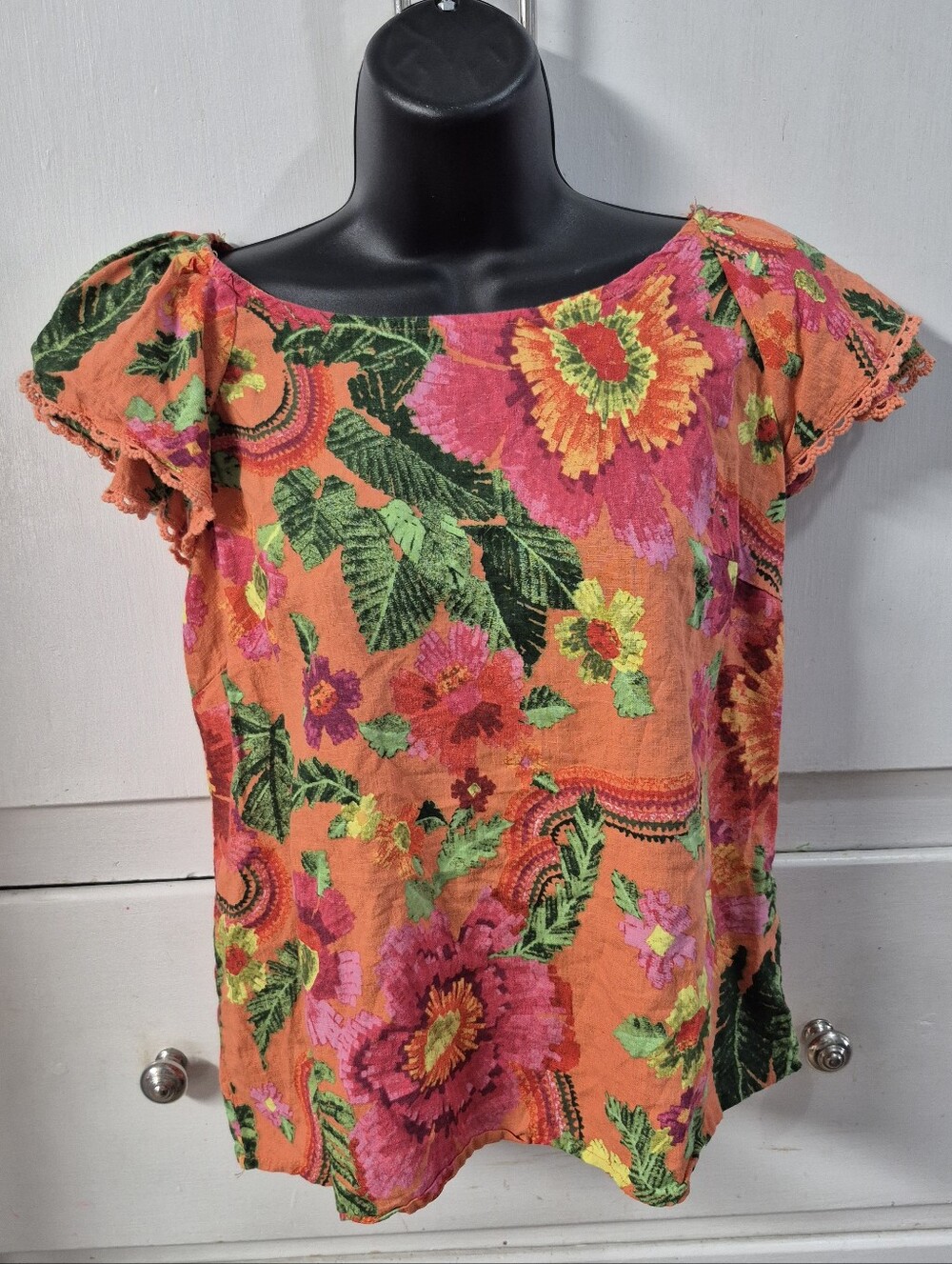 Cynthia Rowley Blouse Orange Linen Blend Tropical Pink Floral Crochet Sleeve Top